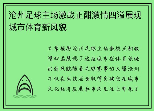沧州足球主场激战正酣激情四溢展现城市体育新风貌