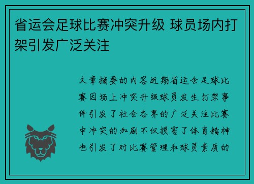 省运会足球比赛冲突升级 球员场内打架引发广泛关注