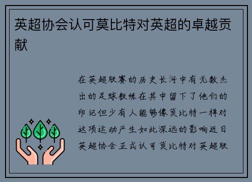 英超协会认可莫比特对英超的卓越贡献