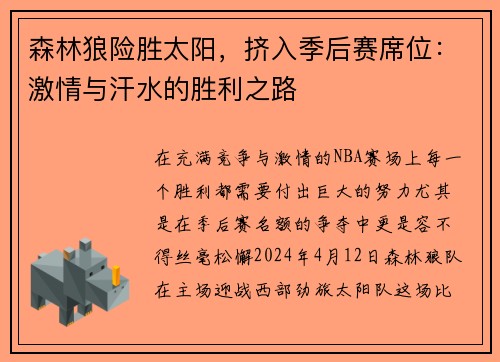 森林狼险胜太阳，挤入季后赛席位：激情与汗水的胜利之路