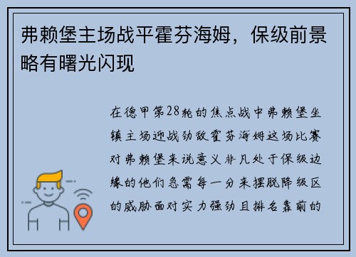 弗赖堡主场战平霍芬海姆，保级前景略有曙光闪现