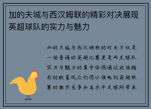 加的夫城与西汉姆联的精彩对决展现英超球队的实力与魅力