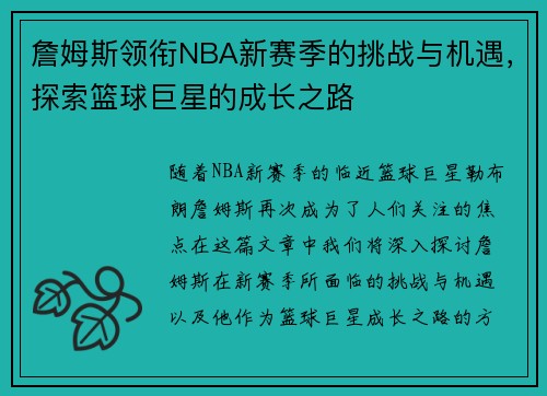 詹姆斯领衔NBA新赛季的挑战与机遇，探索篮球巨星的成长之路