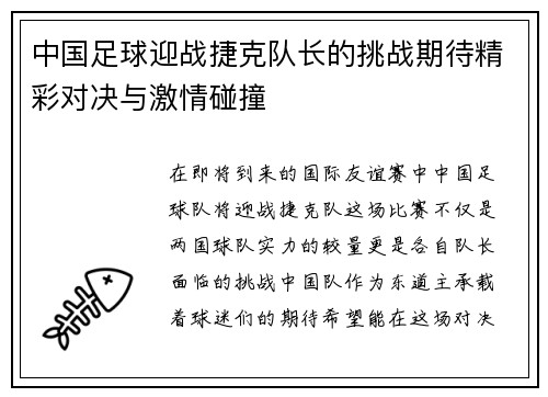 中国足球迎战捷克队长的挑战期待精彩对决与激情碰撞