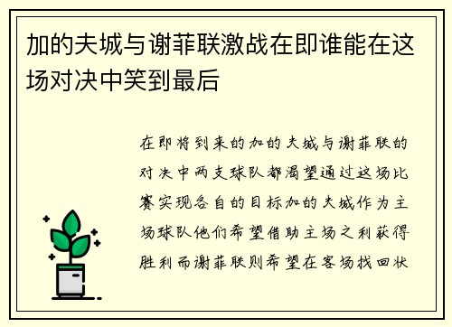 加的夫城与谢菲联激战在即谁能在这场对决中笑到最后