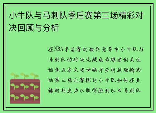 小牛队与马刺队季后赛第三场精彩对决回顾与分析