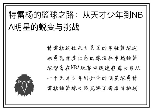 特雷杨的篮球之路：从天才少年到NBA明星的蜕变与挑战