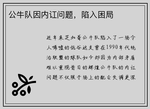 公牛队因内讧问题，陷入困局