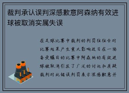 裁判承认误判深感歉意阿森纳有效进球被取消实属失误