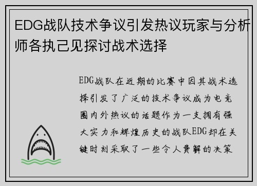 EDG战队技术争议引发热议玩家与分析师各执己见探讨战术选择