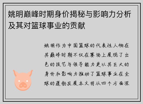 姚明巅峰时期身价揭秘与影响力分析及其对篮球事业的贡献