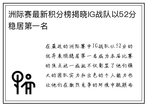 洲际赛最新积分榜揭晓IG战队以52分稳居第一名